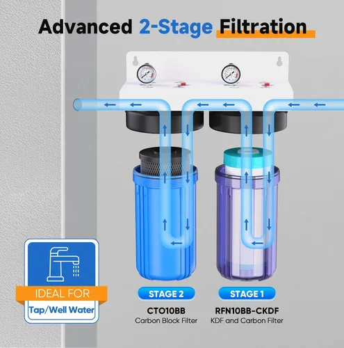 Vista 5 de PUREPLUS Sistema de filtración de agua de 2 etapas para toda la casa, reduce los metales pesados, el cloro y el olor, carcasas de 10 x 4.5 pulgadas
