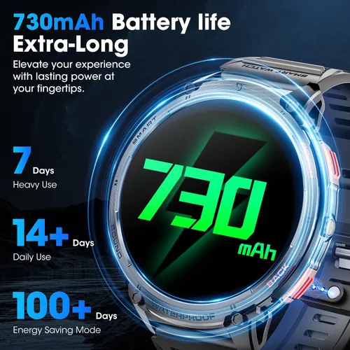 Vista 2 de Reloj Inteligente Militar para Hombres Pantalla Táctil HD de 1.85" Batería de 730mAh Relojes Inteligentes con Linterna LED para Android iOS