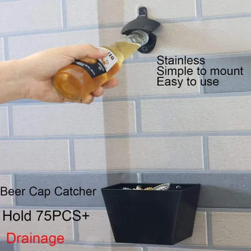 Vista 4 de Abridor de botellas de cerveza negro Montaje en pared Abridor superior de botellas con tapón de drenaje