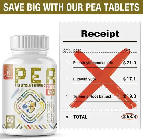 Vista 6 de Palmitoiletanolamida de 1500 mg con luteolina 98% y cúrcuma, alta absorción, suplemento de guisantes micronizados para el manejo de molestias