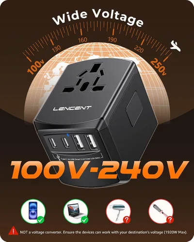 Vista 8 de LENCENT Adaptador de corriente de viaje universal, adaptador de enchufe de CA internacional con 2 puertos USB C 2 USB A, cargador de pared para Negro