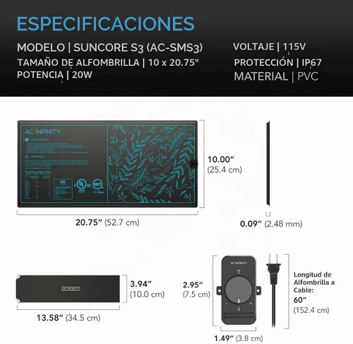 Vista 6 de AC Infinity SUNCORE S3 - Alfombrilla impermeable para plántulas con controlador de calor de 10 x 20.75 pulgadas, almohadilla térmica