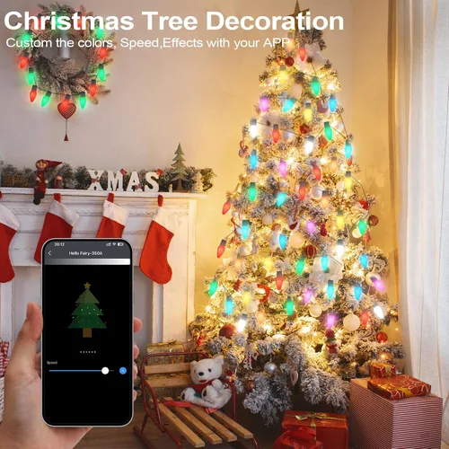 Vista 4 de Luces de Navidad para exteriores C9 de 66 pies, 100 LED, control remoto con aplicación inteligente, luces RGB enchufables, luces de Navidad