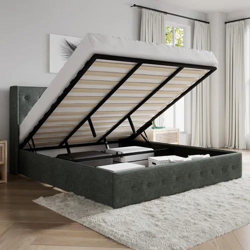 Vista 13 de SHA CERLIN Base de cama de tamaño completo con almacenamiento abatible, cabecera abombada con botón acolchado, plataforma tapizada, almacenamiento