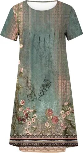 Vista 5 de Vestido casual con estampado floral para mujer, vestido de verano con cuello redondo, manga corta, plisado, vestido midi para fiesta en la playa