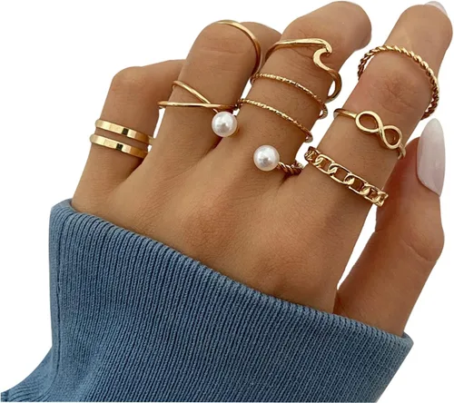 Vista 6 de Juego de anillos negros para nudillos para mujeres y niñas, vintage, apilables, anillos midi bohemios, de cristal, perla y ola marina, paquete