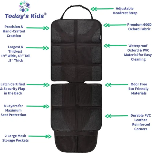 Vista 2 de Todays Kids Protector de asiento de coche, impermeable, con acolchado grueso, 2 bolsillos, ajuste universal, color negro