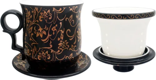 Vista 4 de Taza de té de porcelana con tapa de infusor y juegos de platillos – Taza de café de cerámica china Jingdezhen Taza de té de hoja suelta Sistema