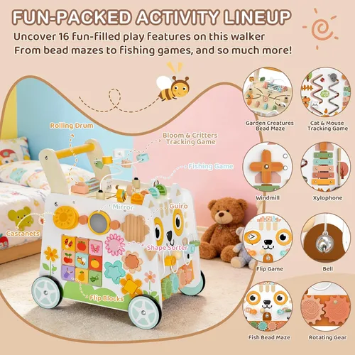 Vista 3 de Weilim Wooden Baby Push Walker with Activity Center, Montessori Toy 12M+