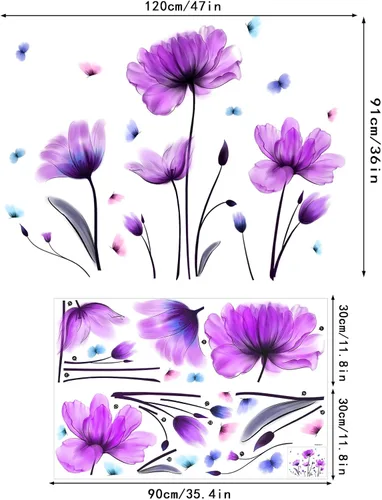 Vista 5 de Pegatina de pared de flores, diseño floral morado, calcomanías de pared de mariposa extraíbles, autoadhesivas, mural para guardería, dormitorio Flor