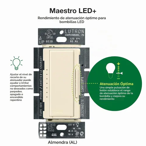 Vista 2 de Lutron Maestro LED+ Interruptor regulador de intensidad para bombillas LED regulables, halógenas e incandescentes, 150W/150W/unipolar o Almendra