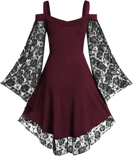 Vista 3 de Panegy Vestido gótico steampunk para mujer, con encaje y hombros descubiertos, vestido renacentista para fiesta, cosplay