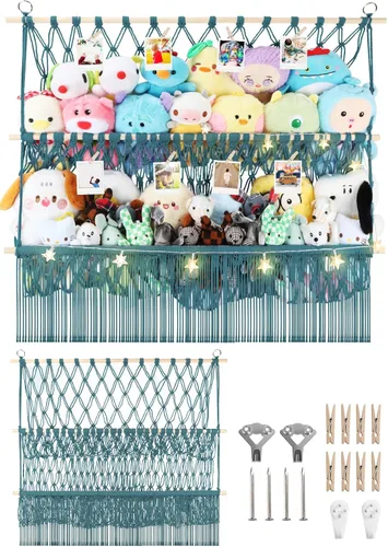 Vista 20 de Red de almacenamiento de animales de peluche de 2 niveles, 17 x 32 pulgadas, organizador grande de animales de peluche para pequeños rellenos