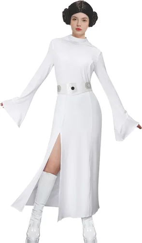 Vista 7 de MORROWIND Disfraz de mujer con capucha blanca, vestido largo con cinturón, traje de fiesta de cosplay de Halloween
