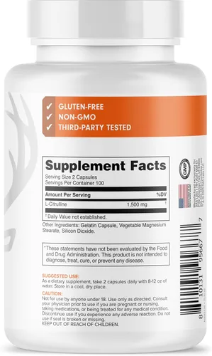 Vista 3 de Bucked Up L-Citrulina 200 cápsulas 1500 mg por porción Sin gluten Sin OMG Probado por terceros Suplemento de citrulina premium para uso