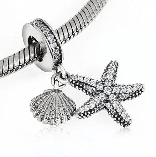 Vista 2 de Colgante de estrella de mar tropical y concha de mar cuentas de plata de ley 925 pulsera de estilo europeo