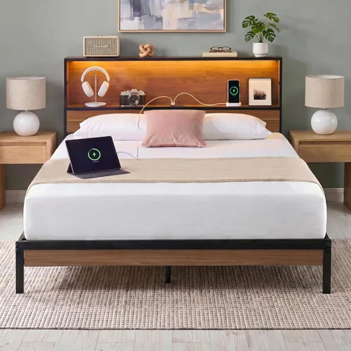 Vista 13 de Zinus Kai - Base de cama de plataforma, cabecero de dos niveles para almacenamiento que ahorra espacio, luces LED RGB con ajuste de estado de ánimo