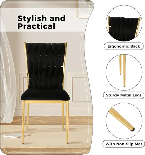 Vista 5 de Juego de 2 sillas de comedor de terciopelo, modernas sillas de cocina tejidas con patas de metal dorado, cojín tapizado con respaldo alto