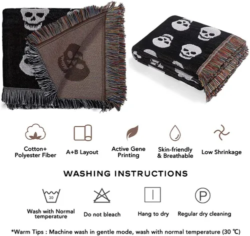 Vista 7 de Manta tejida de calaveras de Halloween estilo terror con borla para decoración del hogar, silla, sofá, cama, playa, viajes, picnic, mantón, algodón