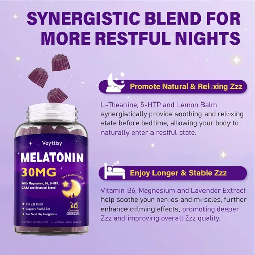 Vista 5 de Gomitas de melatonina de 30 mg para adultos, gomitas de melatonina sin azúcar, máxima fuerza con magnesio, B6, GABA y mezcla botánica, sin hábito