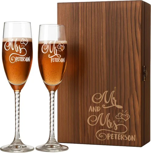 Vista 12 de Mr and Mrs - Juego de copas de champán con caja de madera grabada, elegantes copas de brindis de boda, regalo para novia y novio, compromiso