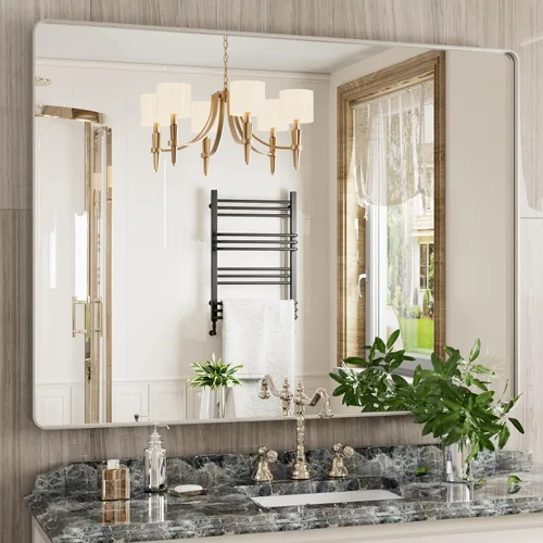 Vista 64 de JISOSO - Espejo de baño negro de 20x30 pulgadas con marco de metal negro, espejo de tocador rectangular redondeado con acabado mate para pared