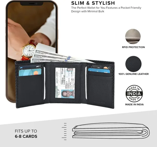 Vista 7 de Real Leather Trifold Wallet For Men - Slim Ultra Thin Tri Fold Front Pocket Minimalist Credit Card Holder ID Window Gift Men