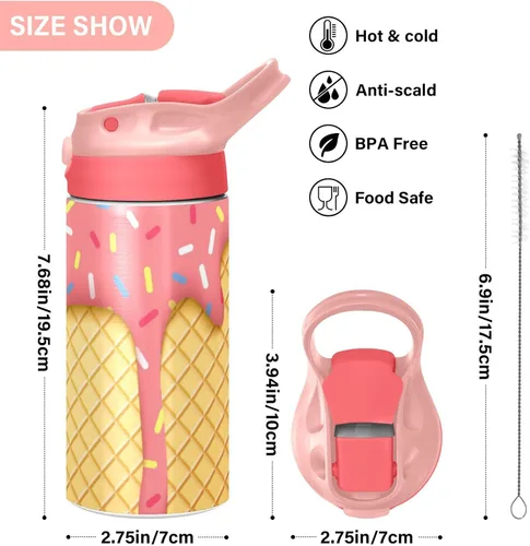 Vista 3 de Moudou Botella de agua con cono de helado para niños, doble pared aislada al vacío de acero inoxidable, vaso de viaje, 12 onzas