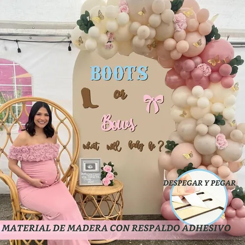 Vista 4 de Adhesivos de madera para señalización de revelación de género, arco de globos "¿Qué será el bebé?", botas o lazos, suministros de decoración