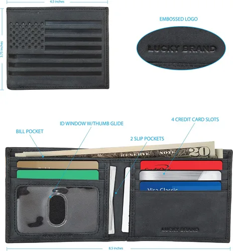 Vista 7 de Lucky Brand Bandera de cuero para hombre en relieve RFID Bifold