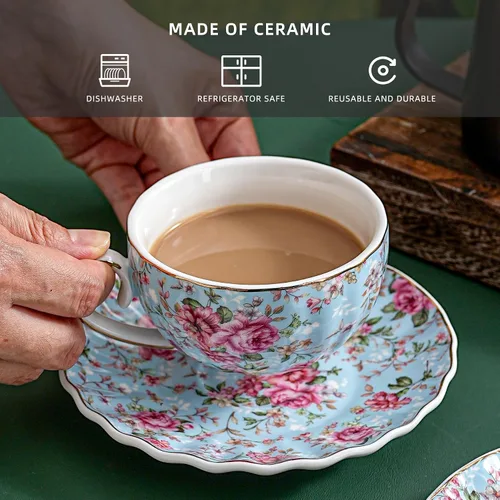 Vista 3 de Agyiuns Taza de té y platillos, tazas de té floral de 6.4 onzas con borde dorado, taza de té de porcelana, tazas de café capuchino espresso con Azul