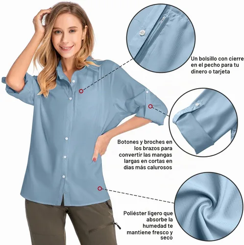 Vista 6 de Camisas de manga larga con protección solar UPF 50 para mujer, de secado rápido, para pesca al aire libre, senderismo, viajes 5019 Azul