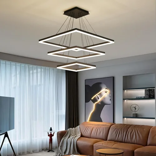 Vista 13 de Candelabros modernos para sala de estar, 2 anillos rectángulos, lámpara colgante de isla de cocina, lámpara LED regulable para comedor y dormitorio