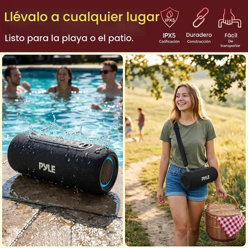 Vista 4 de Pyle Altavoz Bluetooth portátil - LED RGB, IPX5 impermeable, emparejamiento estéreo TWS, USB/AUX/FM, micrófono integrado, carga USB-C, batería 7H