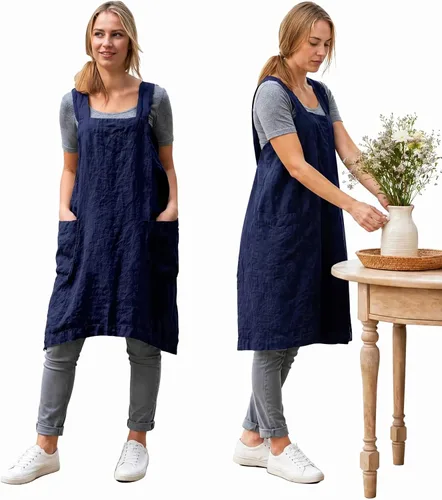 Vista 13 de Delantal Pinafore con espalda cruzada con bolsillos, delantal de lino y algodón, talla grande Negro