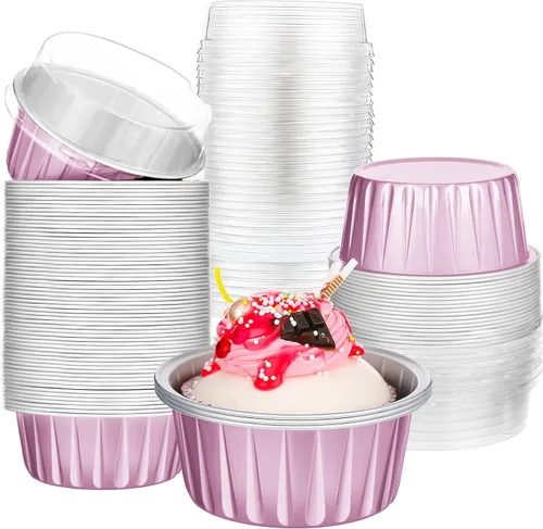 Vista 12 de Paquete de 200 forros de aluminio para cupcakes con tapas, color negro, liso 5 oz Round Baking Cup, Disposable Ramekin Container, Wedding