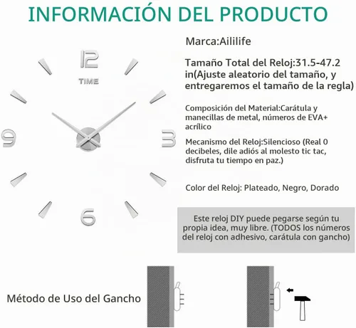 Vista 3 de AILILIFE Reloj de pared 3D DIY con adhesivo para decoración de espejo, sin marco, kit de reloj de pared grande para el hogar, sala de estar Plateado
