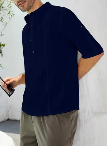 Vista 3 de JMIERR Camiseta Henley de manga corta para hombre con textura de lino y algodón estilo hippie