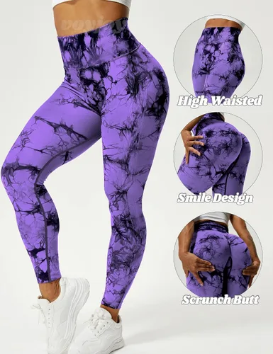 Vista 2 de VOYJOY - Leggings sin costuras de teñido anudado para mujer, pantalones de yoga de cintura alta, mallas elásticas con levantamiento de glúteos