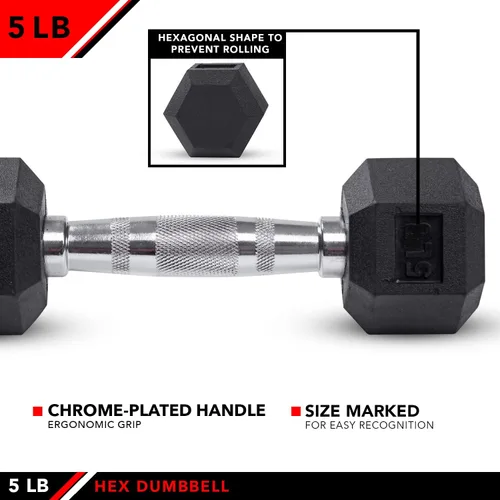 Vista 4 de JFIT Rubber Hex Dumbbell Single, Knurled Grip Free Weight for Men & Women, Strength & Cardio Training Home Gym Workout