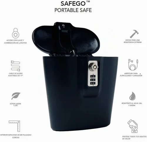 Vista 2 de Caja de seguridad portátil para interiores y exteriores con acceso a llave y combinación (negro)