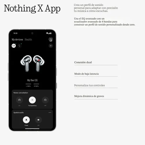 Vista 9 de Nothing Ear (3) Auriculares inalámbricos Super Mic 45dB Cancelación activa de ruido híbrida Bluetooth Auriculares Hi-Res 6 micrófonos, refuerzo