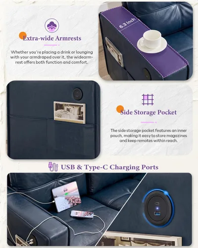 Vista 6 de TYBOATLE Sofá de dos plazas de piel sintética de 65 pulgadas para dormitorio, moderno y cómodo sofá de mediados de siglo con puertos de carga USB