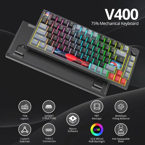 Vista 2 de Junta de teclado 75 % montada con almohadillas absorbentes de sonido, teclado mecánico RGB compacto de 82 teclas con cable para juegos, enchufe