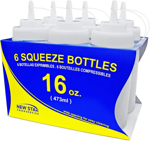 Vista 2 de New Star Foodservice Botella transparente para apretar de 16 onzas, boca ancha, paquete de 6