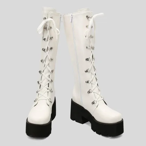 Vista 20 de Parisuit Botas góticas altas hasta la rodilla con hebilla de plataforma para mujer, tacón alto grueso, con cordones, botas de combate punk, con Negro
