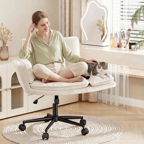 Vista 11 de Silla cruzada con ruedas, silla de oficina ergonómica con reposabrazos abatibles para mascotas, silla de tocador para dormitorio, sala de maquillaje