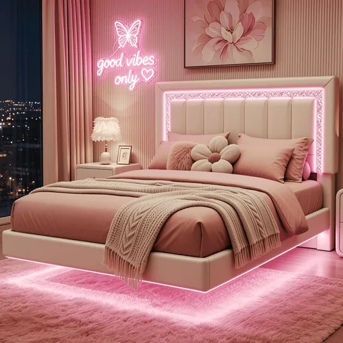 Vista 17 de HOMBCK Base de cama flotante individual con luces LED inteligentes, cama de plataforma tapizada de piel sintética con cabecera de diamante, no Negro