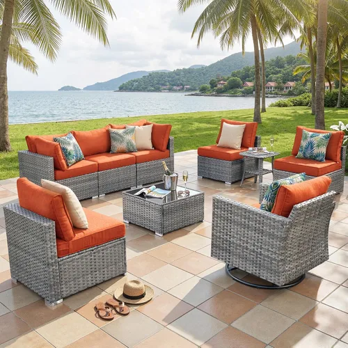 Vista 36 de ovios Juego de muebles de patio al aire libre de 5 piezas con mesa de café, conjunto seccional de muebles de patio con sofá de mimbre para todo tipo