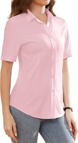 Vista 9 de Camisas de vestir para mujer, sin arrugas, con botones, de manga corta, camisas de trabajo con cuello